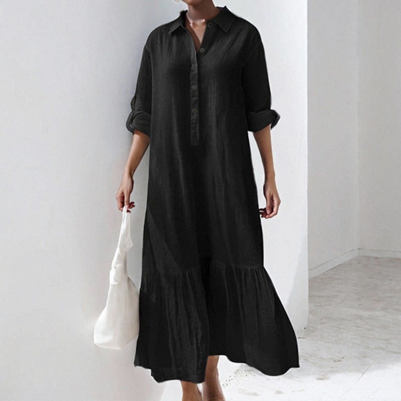 Asymmetrical Shirt Collar Button-Up Casual Long Sleeve Dress