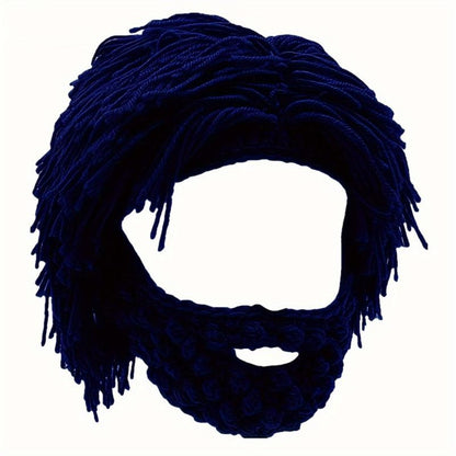 Acrylic Punk Style Beanie with Attached Straight Hair Wig and Knitted Beard
