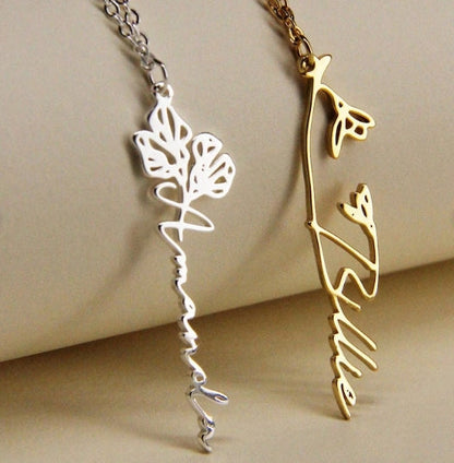 Customizable Name Titanium Steel Necklace with Birth Month Flower