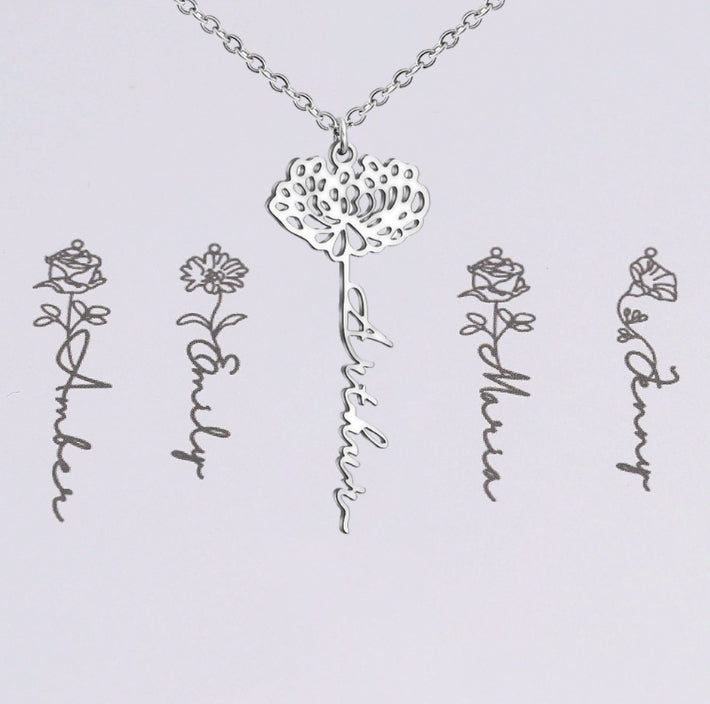Customizable Name Titanium Steel Necklace with Birth Month Flower