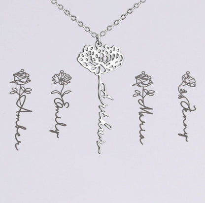 Customizable Name Titanium Steel Necklace with Birth Month Flower
