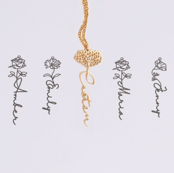 Customizable Name Titanium Steel Necklace with Birth Month Flower