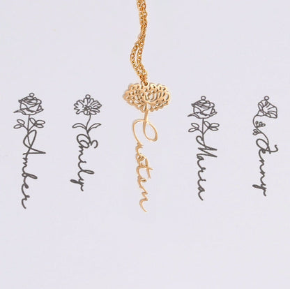 Customizable Name Titanium Steel Necklace with Birth Month Flower