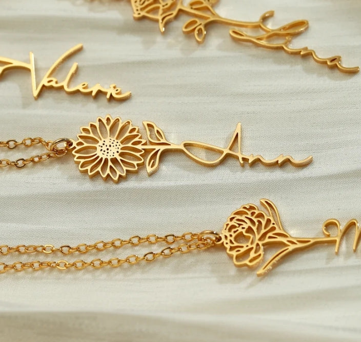 Customizable Name Titanium Steel Necklace with Birth Month Flower