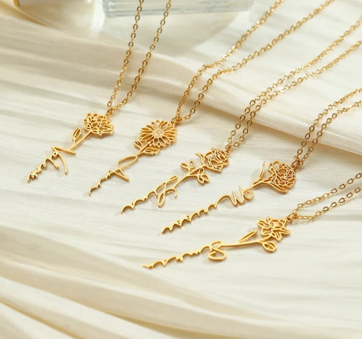 Customizable Name Titanium Steel Necklace with Birth Month Flower