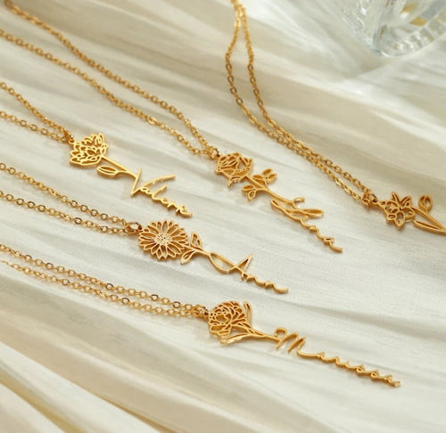 Customizable Name Titanium Steel Necklace with Birth Month Flower