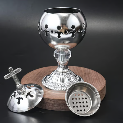 ✝️Jesus Bless You✝️🌟 Silver Charcoal Incense Burner Catholic Cross Censer – Brass Plated Distiller for Church & Home 🌟