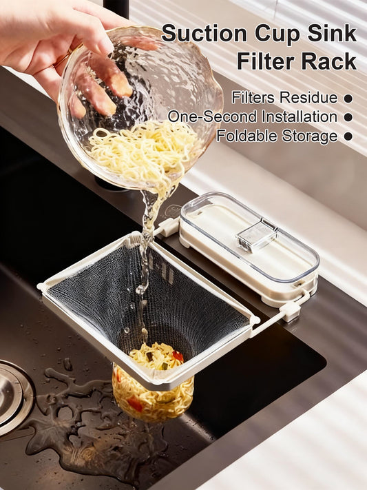 🔥Suction Cup Sink Filter Rack – Easy Install, Foldable, Mess-Free Kitchen Helper! 50 Free Sink Strainer Nets Included ✨