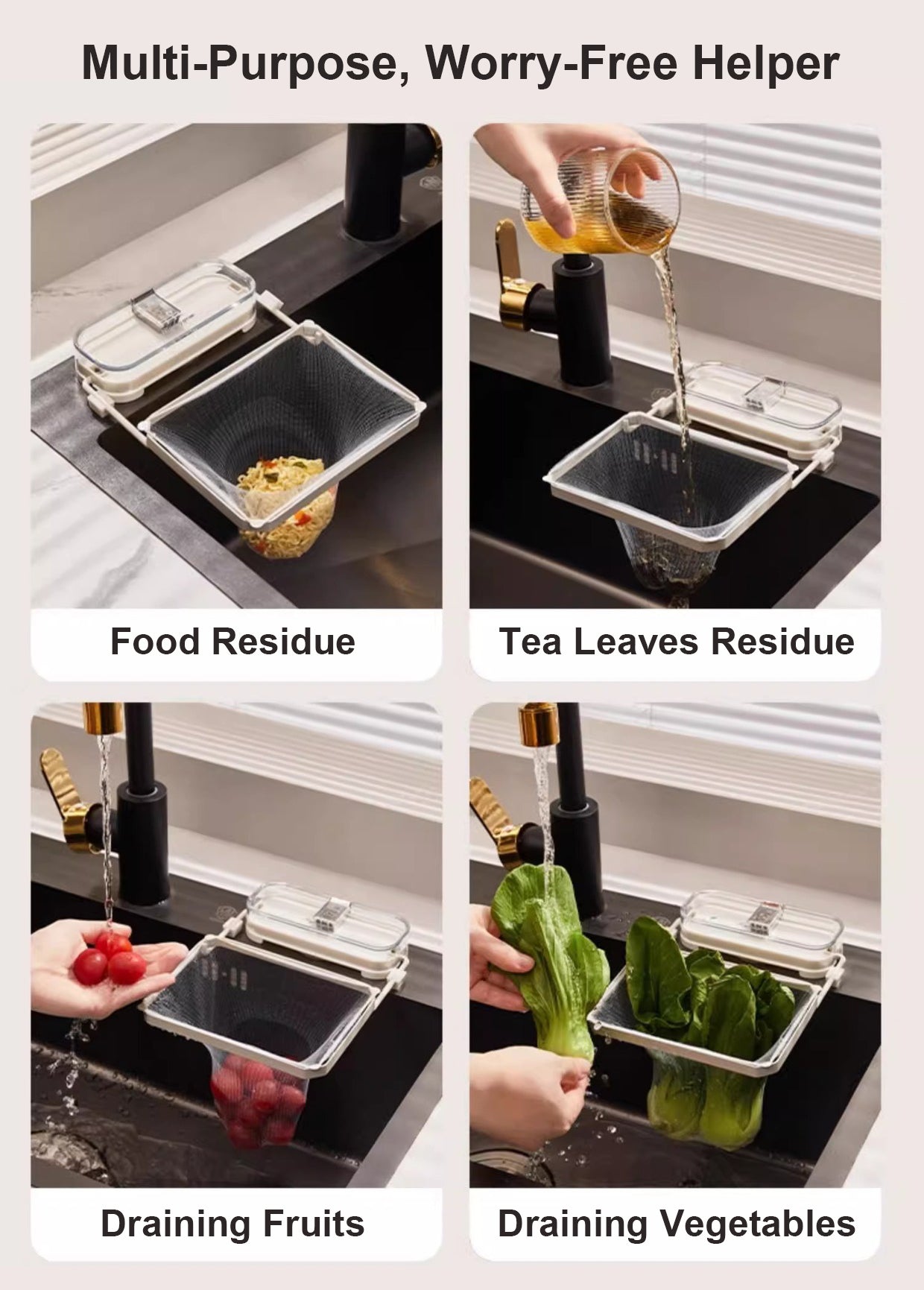 🔥Suction Cup Sink Filter Rack – Easy Install, Foldable, Mess-Free Kitchen Helper! 50 Free Sink Strainer Nets Included ✨