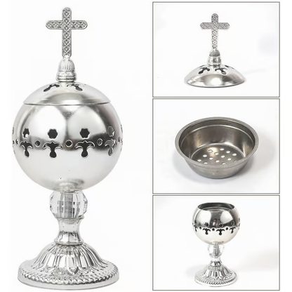 ✝️Jesus Bless You✝️🌟 Silver Charcoal Incense Burner Catholic Cross Censer – Brass Plated Distiller for Church & Home 🌟