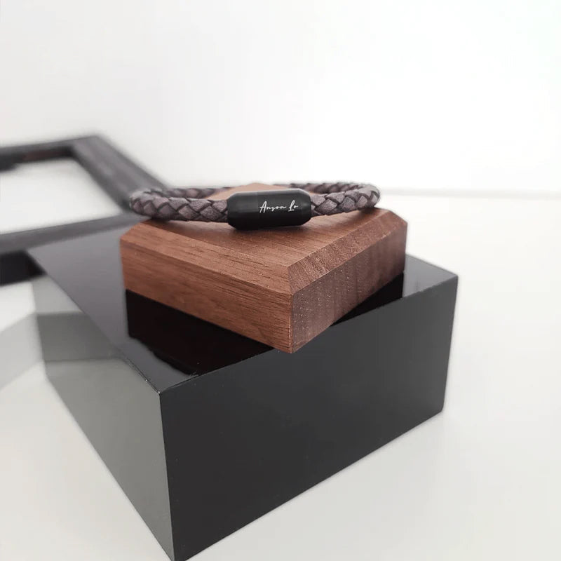 Ivey  Stainless Steel Engraved Leather Bracelet