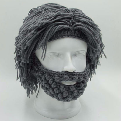 Acrylic Punk Style Beanie with Attached Straight Hair Wig and Knitted Beard