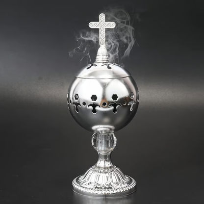 ✝️Jesus Bless You✝️🌟 Silver Charcoal Incense Burner Catholic Cross Censer – Brass Plated Distiller for Church & Home 🌟