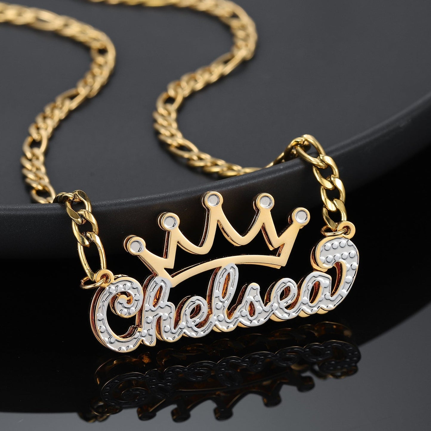 Charlotte Double Plated Crown Name Necklace w/ Figaro Chain