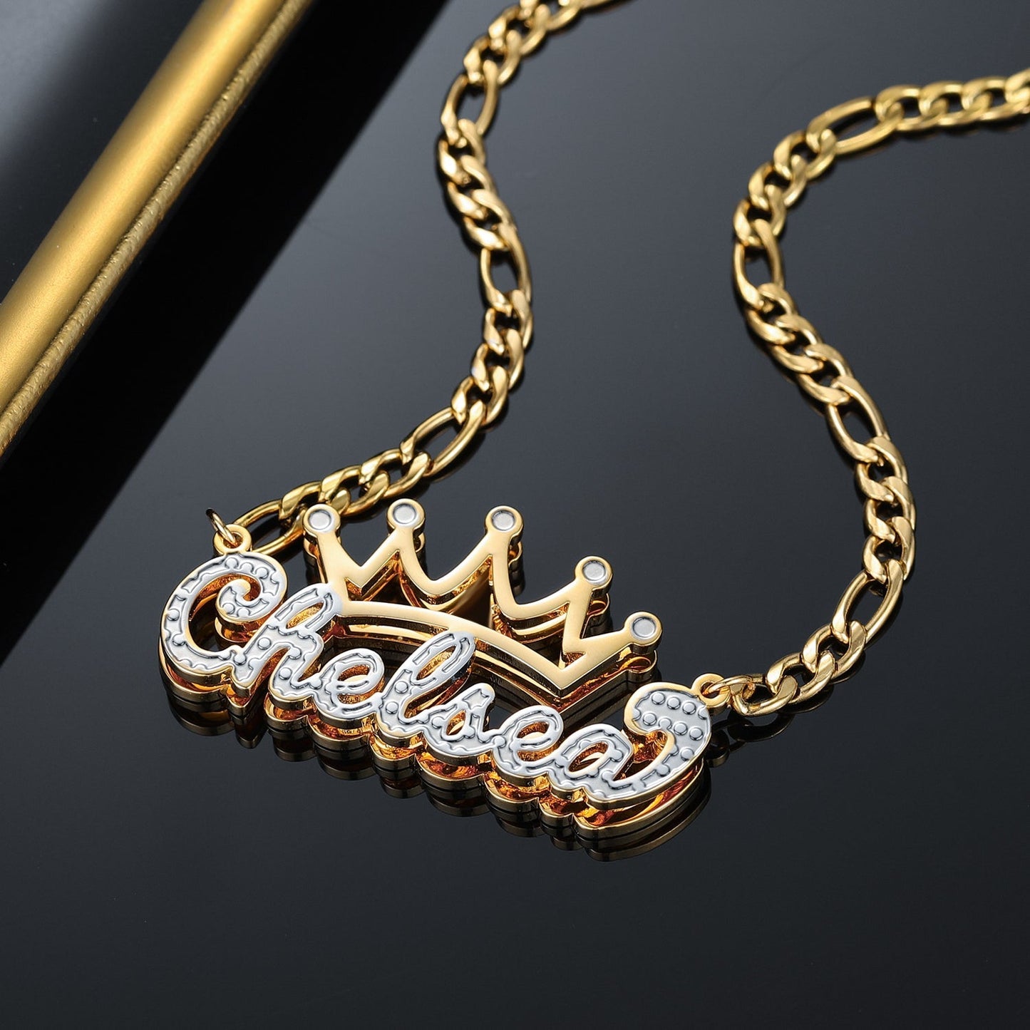 Charlotte Double Plated Crown Name Necklace w/ Figaro Chain