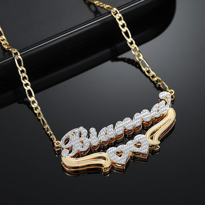Fiona Double Plated Hearts Name Necklace w/ Figaro Chain
