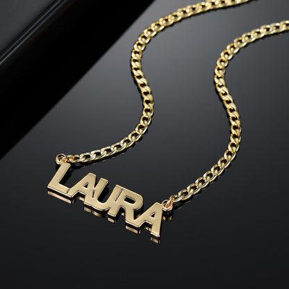 Laura Block Name Necklace w/ Cuban Chain