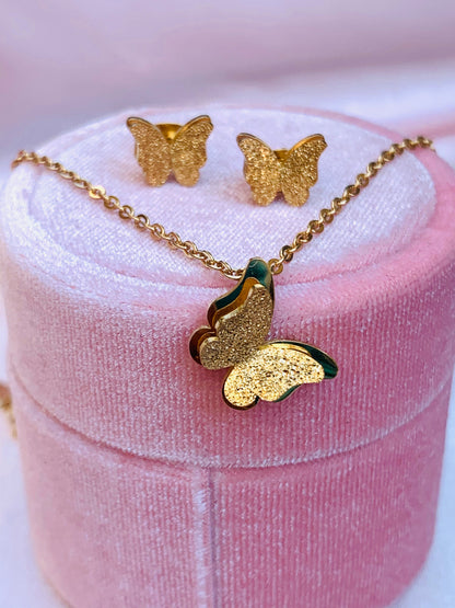 Abigail Frosted Double-layer Butterfly Necklace + Earrings