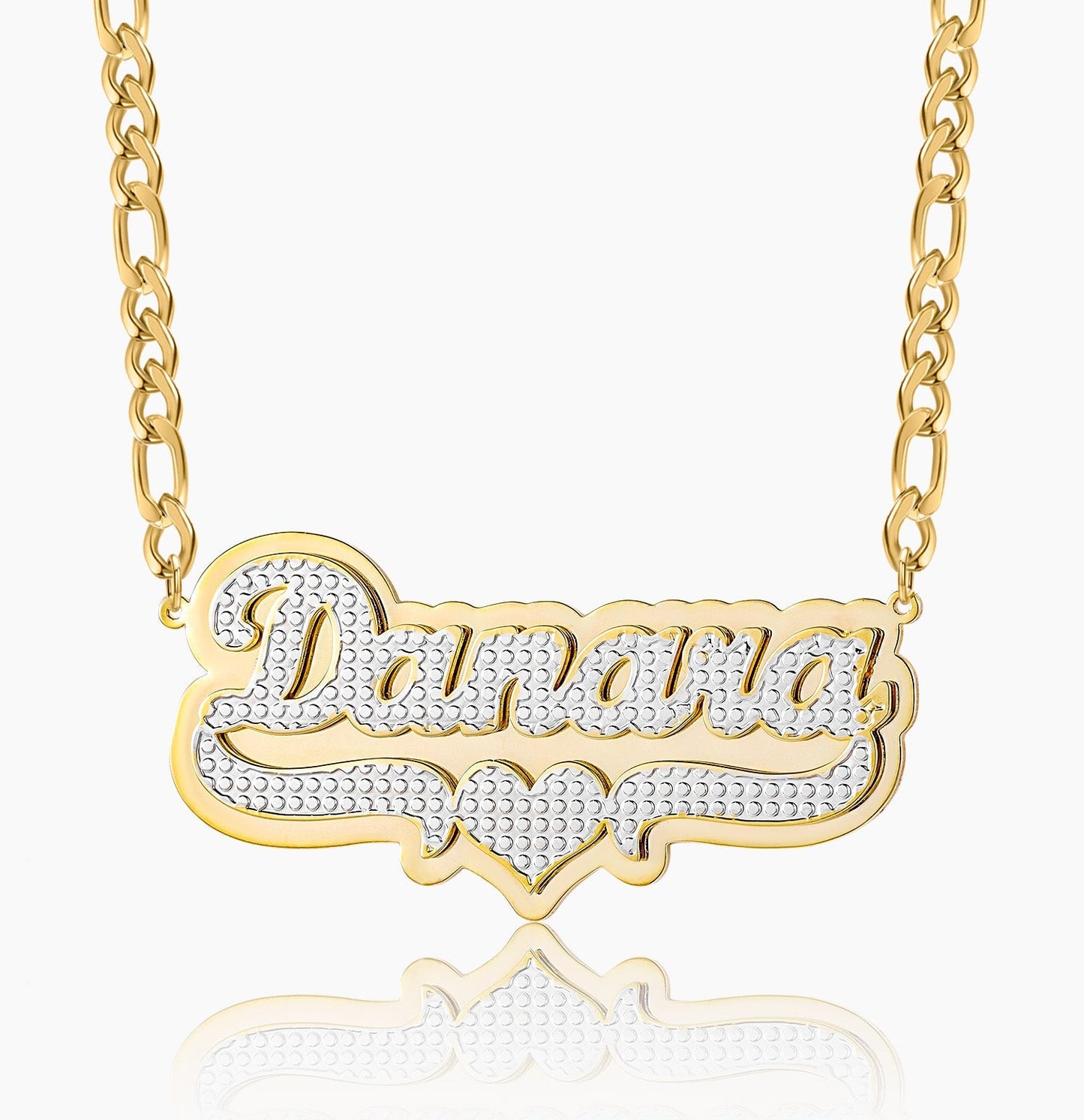 Diana Double Plated Pop Out Heart Name Necklace w/ Figaro Chain