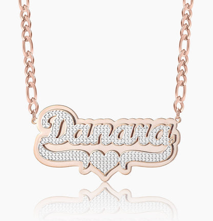 Diana Double Plated Pop Out Heart Name Necklace w/ Figaro Chain