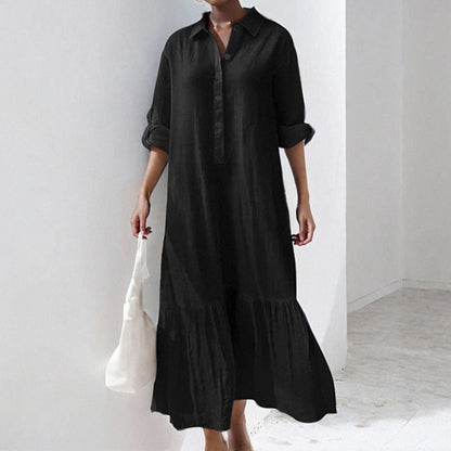 Asymmetrical Shirt Collar Button-Up Casual Long Sleeve Dress