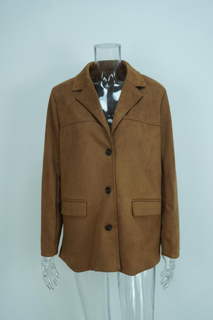 Vintage Style Loose Suede Long-Sleeve Blazer with Pockets for Women