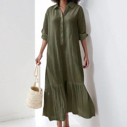 Asymmetrical Shirt Collar Button-Up Casual Long Sleeve Dress