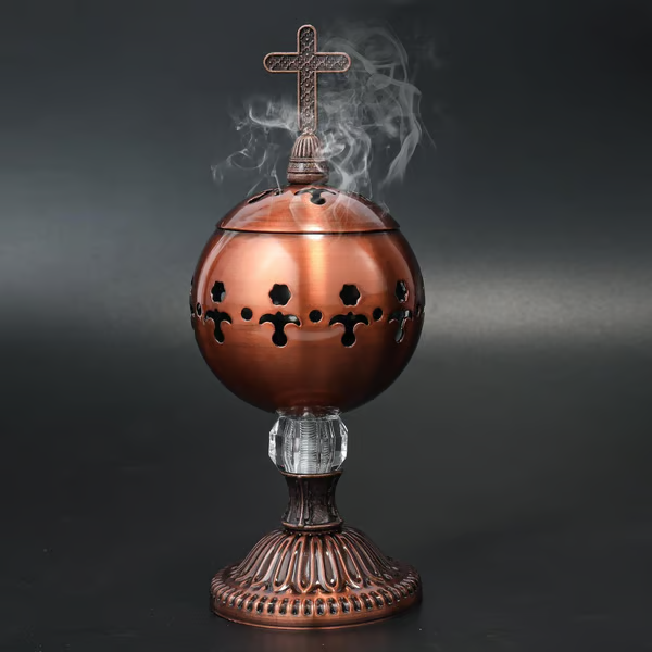 ✝️Jesus Bless You✝️🌟 Silver Charcoal Incense Burner Catholic Cross Censer – Brass Plated Distiller for Church & Home 🌟