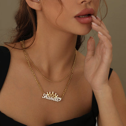 Charlotte Double Plated Crown Name Necklace w/ Figaro Chain