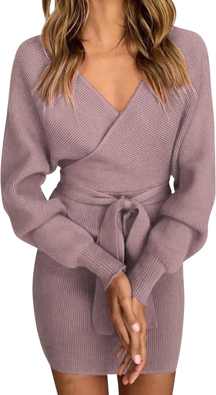 Robe Pull Femme Elégant Robe Tricoté Col V
