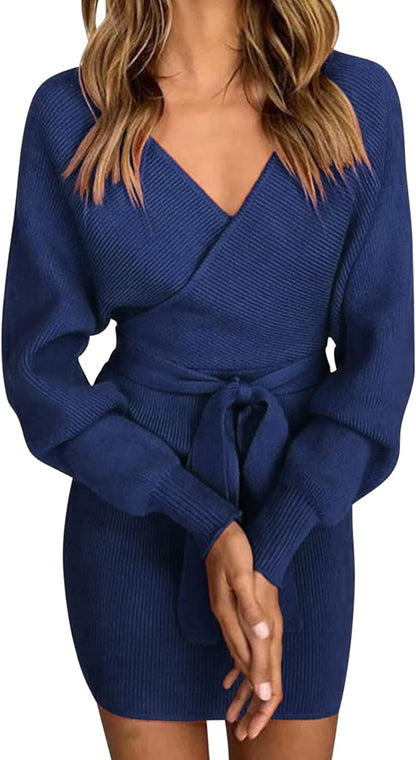 Robe Pull Femme Elégant Robe Tricoté Col V