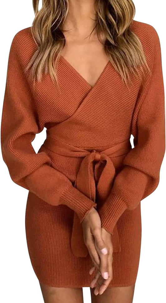 Robe Pull Femme Elégant Robe Tricoté Col V