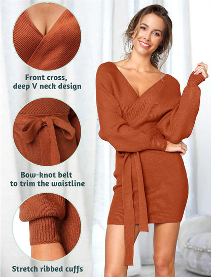 Robe Pull Femme Elégant Robe Tricoté Col V