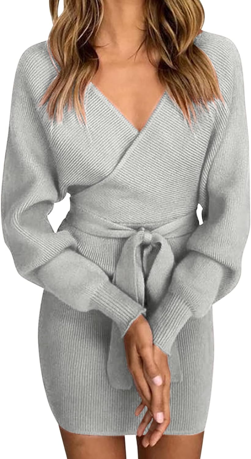 Robe Pull Femme Elégant Robe Tricoté Col V